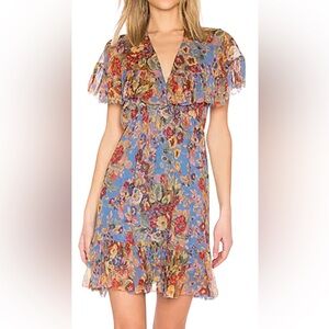 ZIMMERMANN Lovelorn Frill Cape Dress in Blue Floral Size 2.